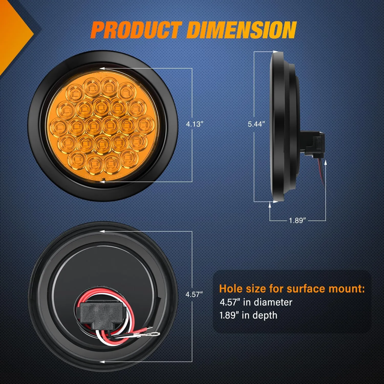 4 Inch Amber Round 24Leds Tail Light Flush Mount Grommets (Pair)