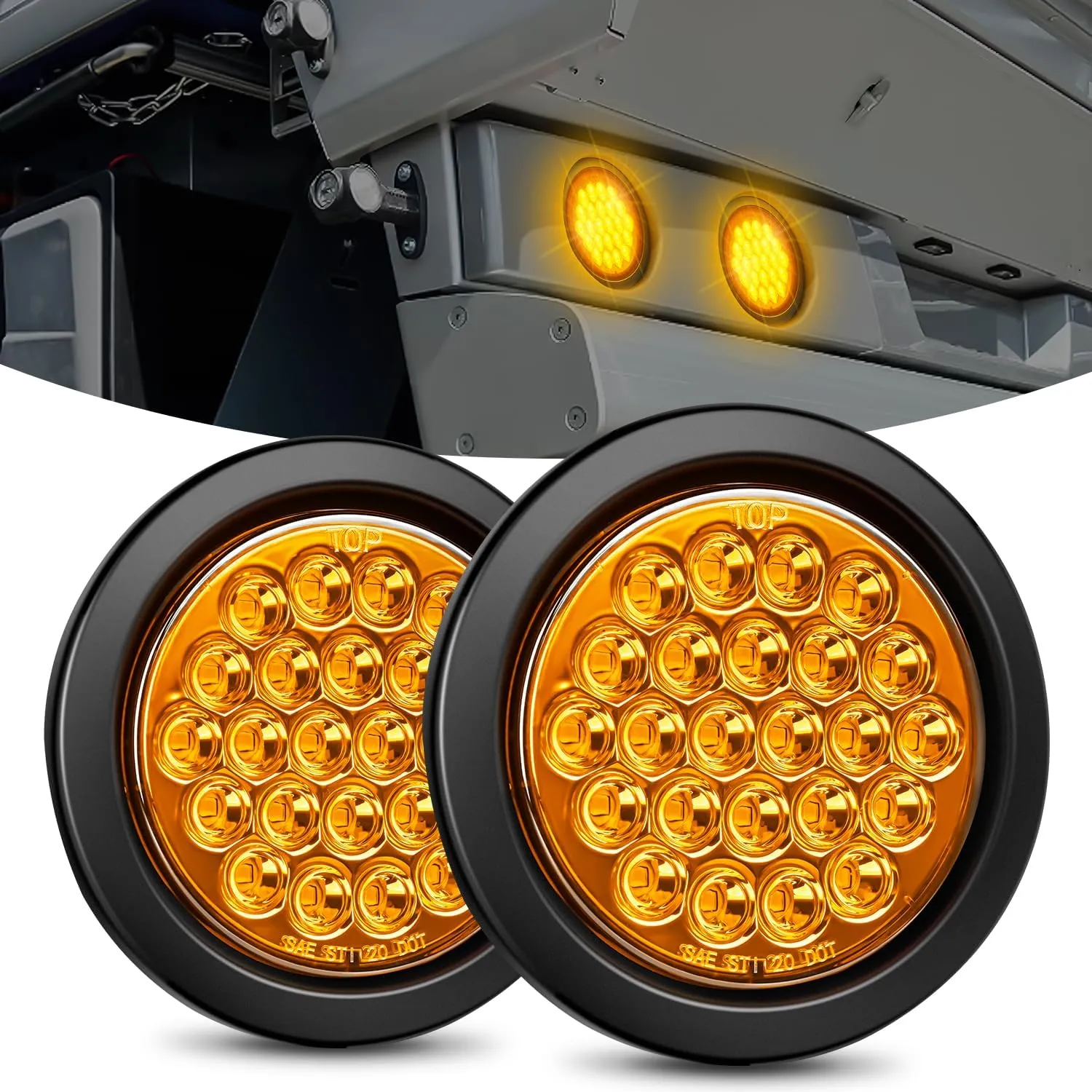 4 Inch Amber Round 24Leds Tail Light Flush Mount Grommets (Pair)