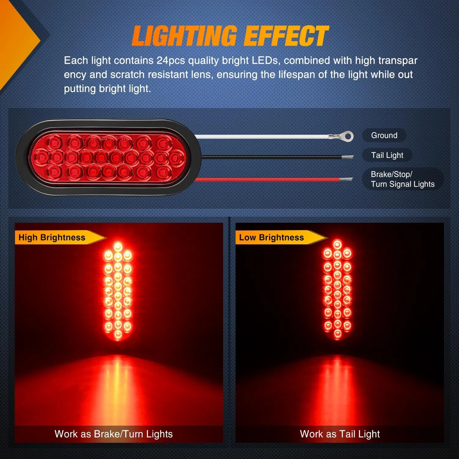 6 Inch Oval Red 24Leds Trailer Tail Lights 4Pcs