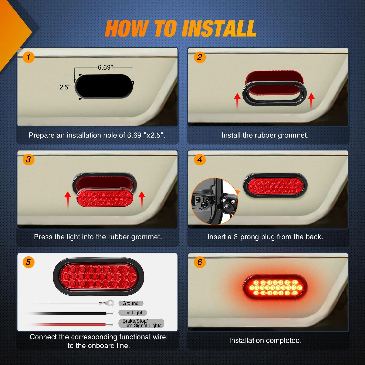 6 Inch Oval Red 24Leds Trailer Tail Lights 4Pcs