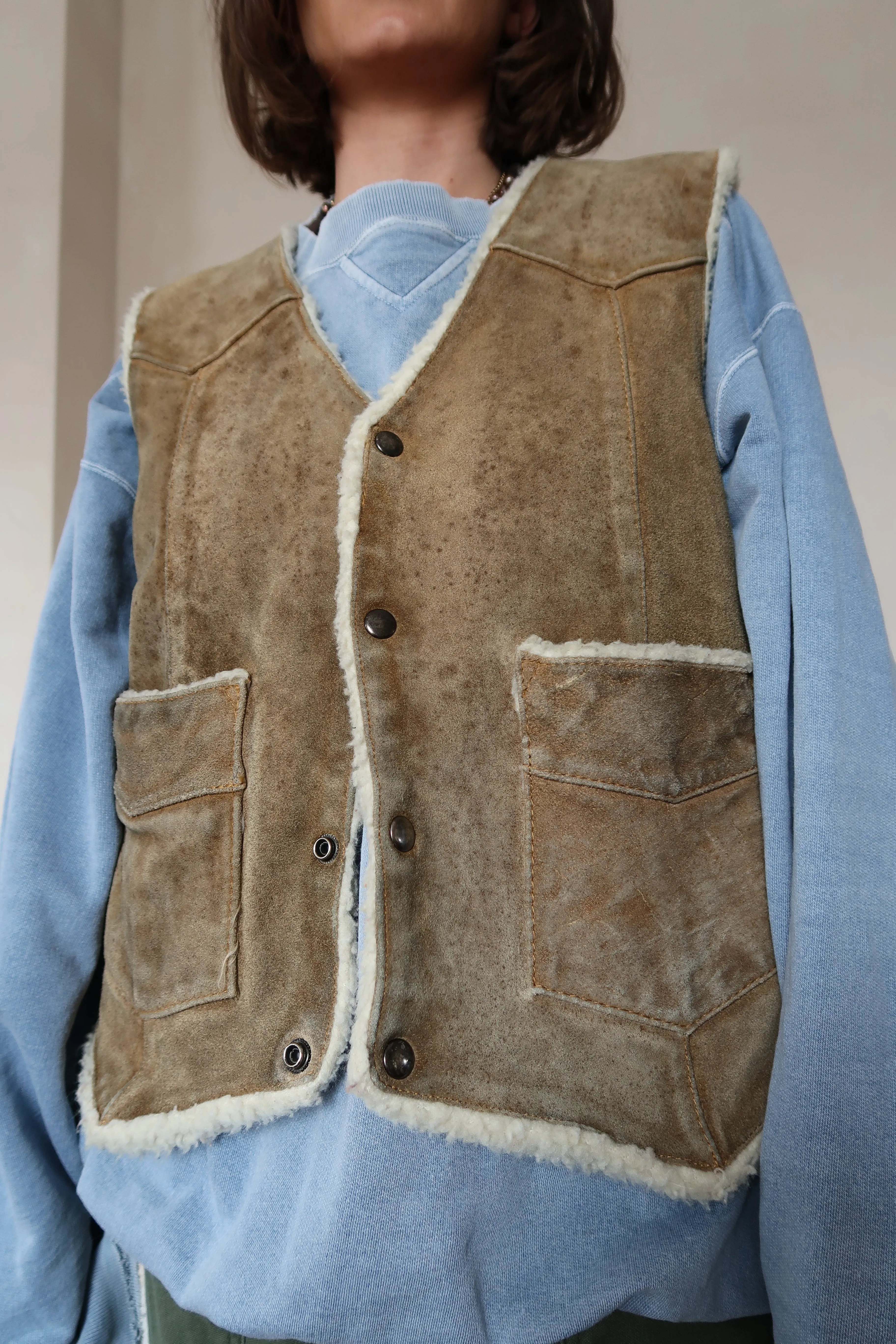 Beige Suede Faux Shearling Vest