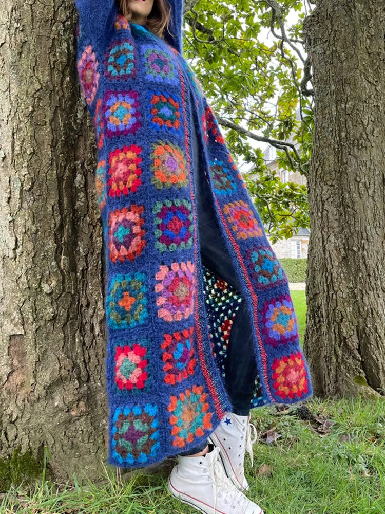 BOHO Colored Plaid Flower Hand Crochet Cardigan