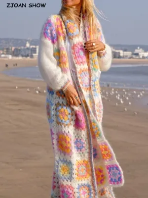 BOHO Colored Plaid Flower Hand Crochet Cardigan