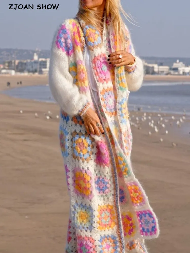 BOHO Colored Plaid Flower Hand Crochet Cardigan