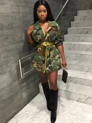 Camouflage Long Sleeve Button Bodycon Jackets