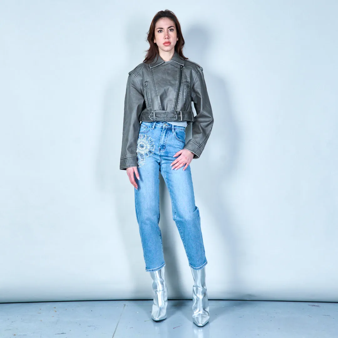 Cropped leather biker jacket with belt wholesale