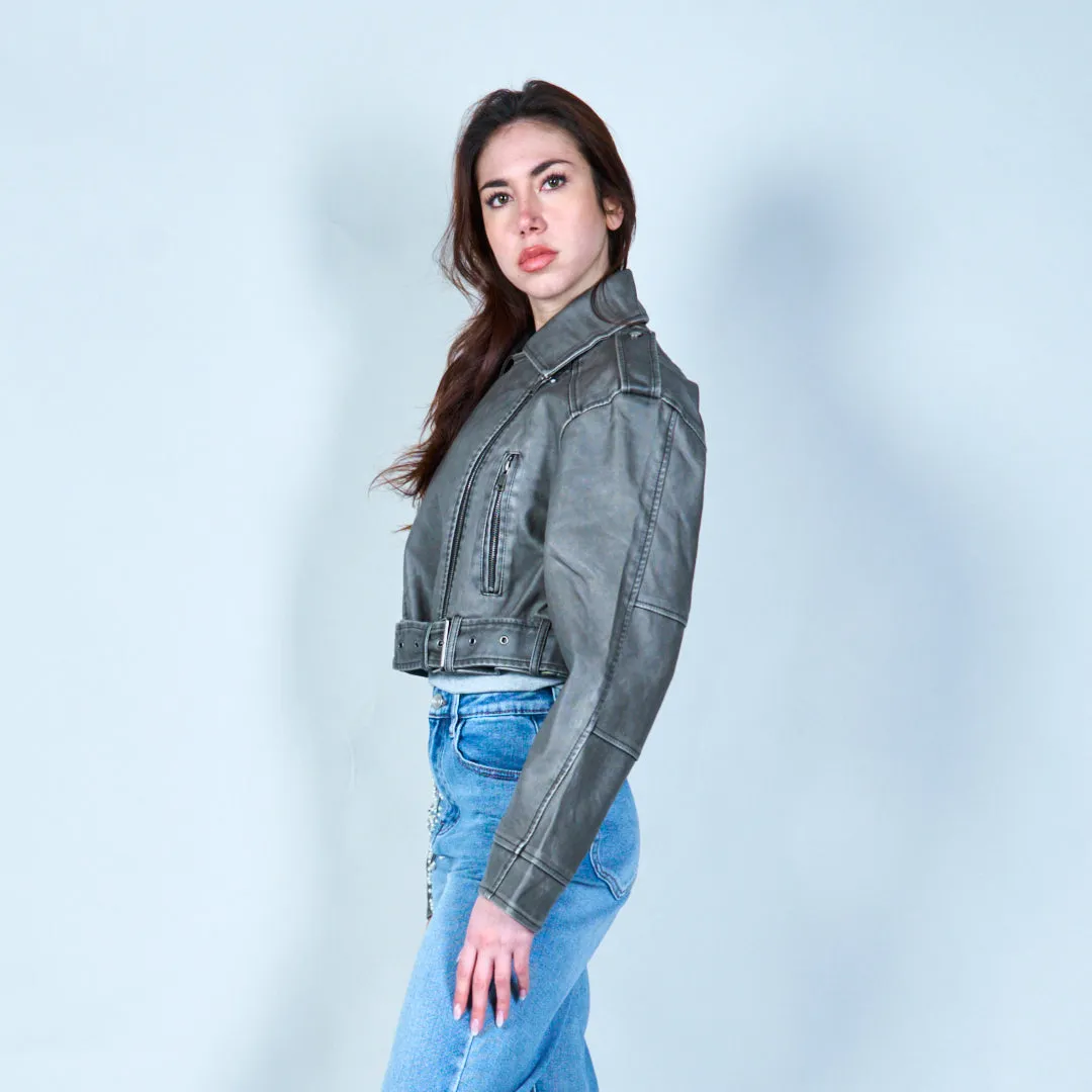 Cropped leather biker jacket with belt wholesale