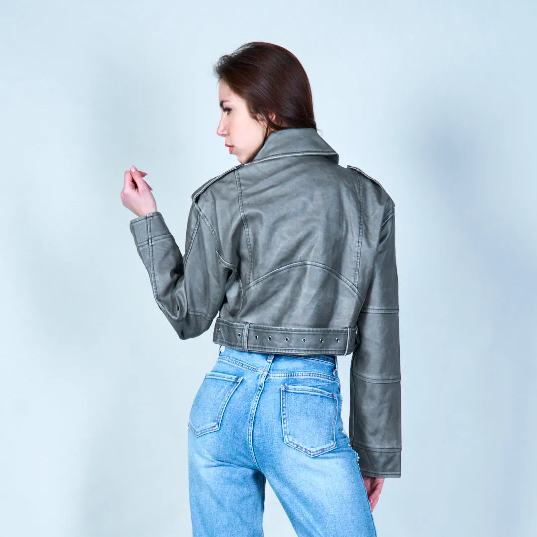 Cropped leather biker jacket with belt wholesale