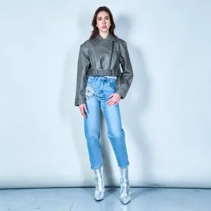 Cropped leather biker jacket with belt wholesale