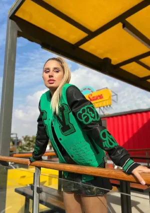 L Y Baseball Jacket With Leather Sleeves