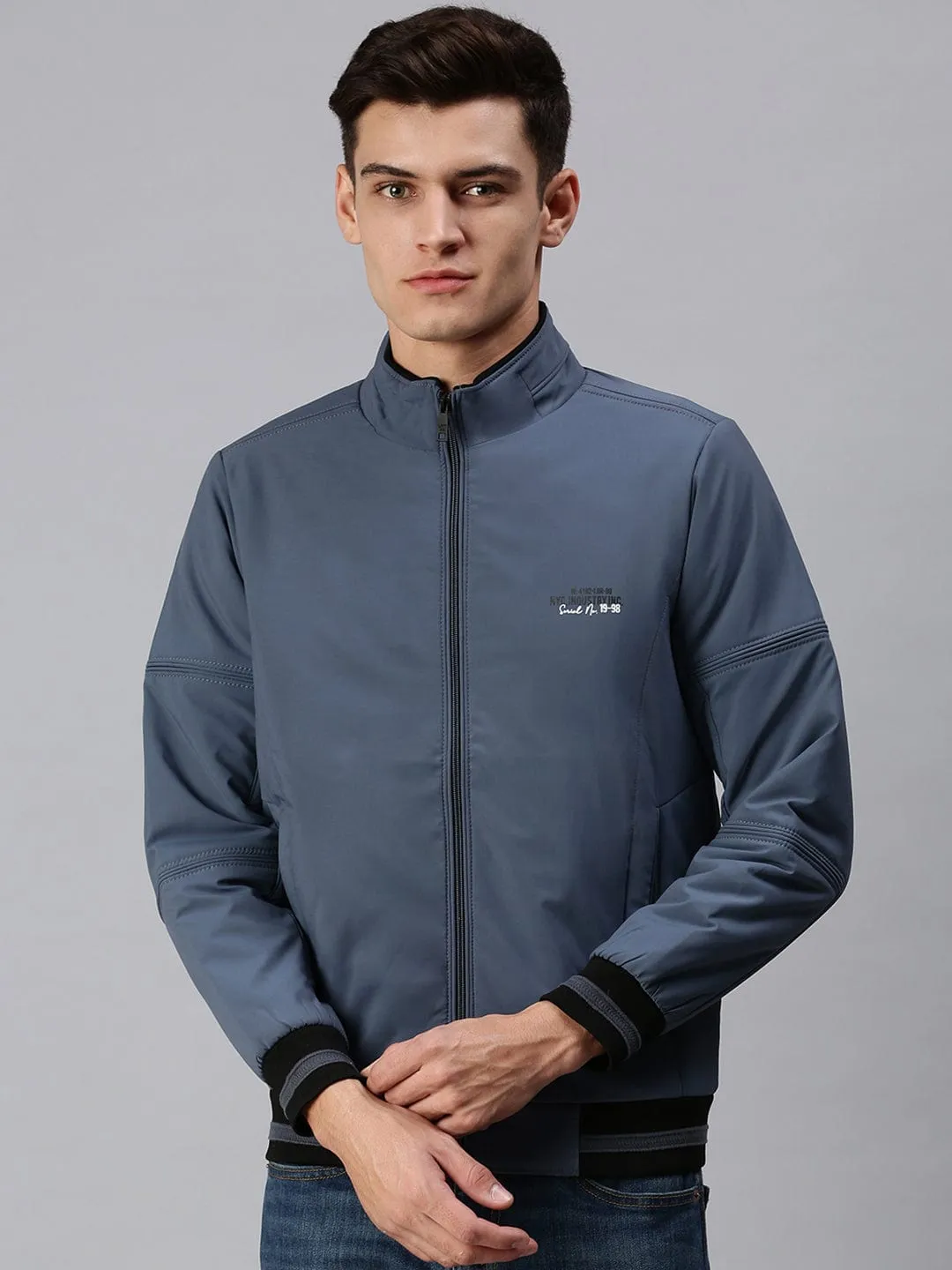 Men Blue Typography Sporty Bomber Jacket