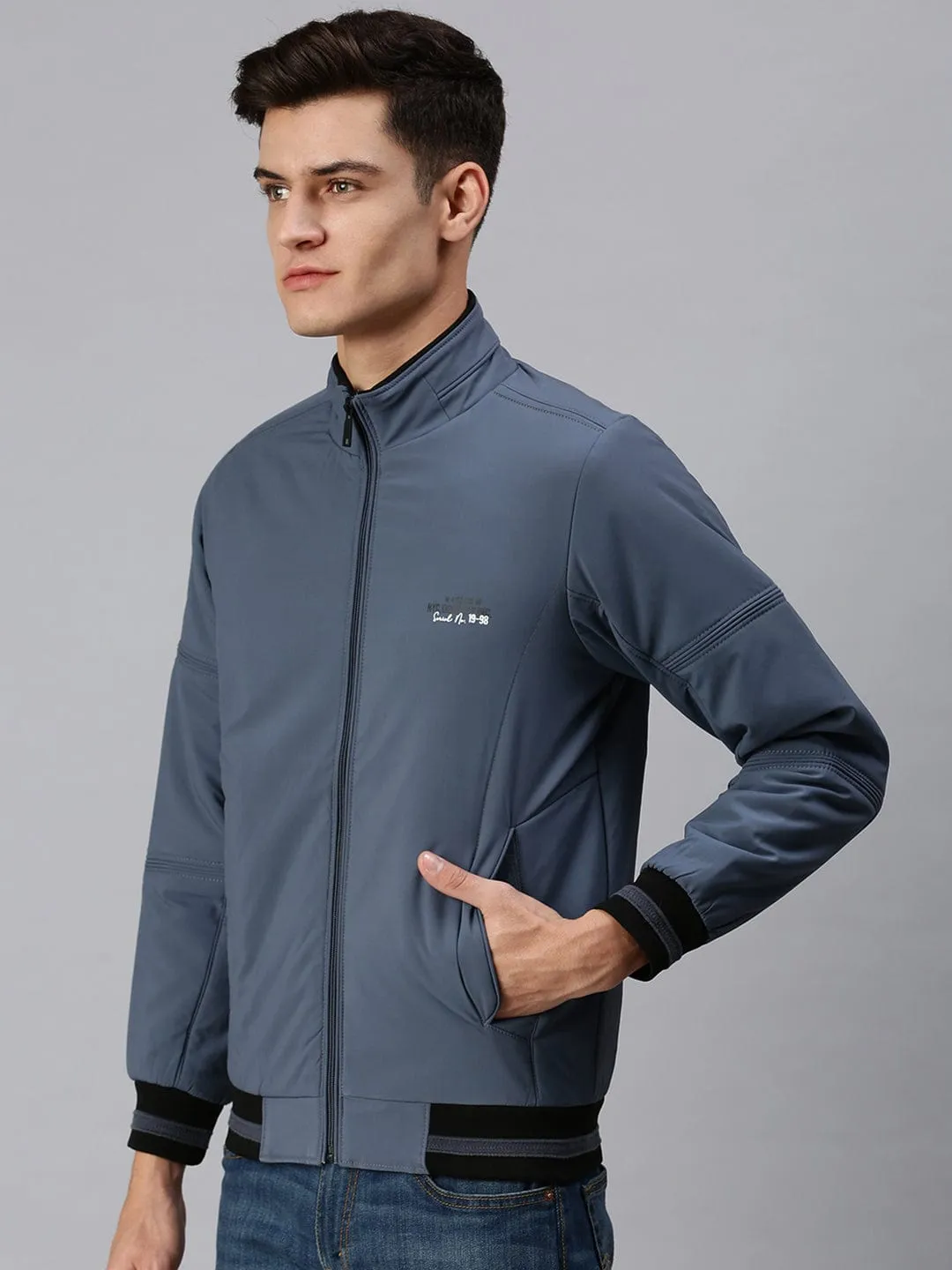 Men Blue Typography Sporty Bomber Jacket
