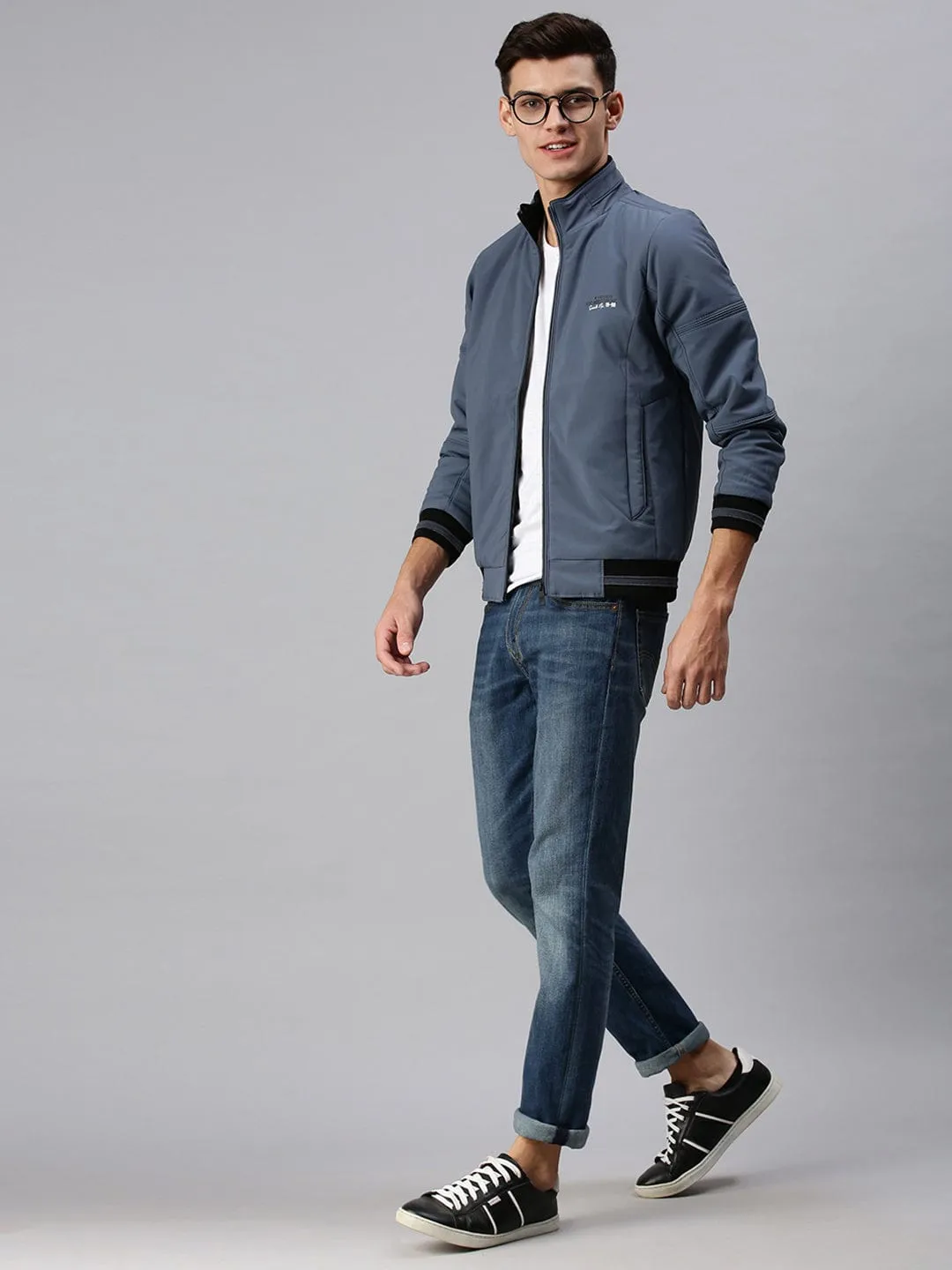 Men Blue Typography Sporty Bomber Jacket