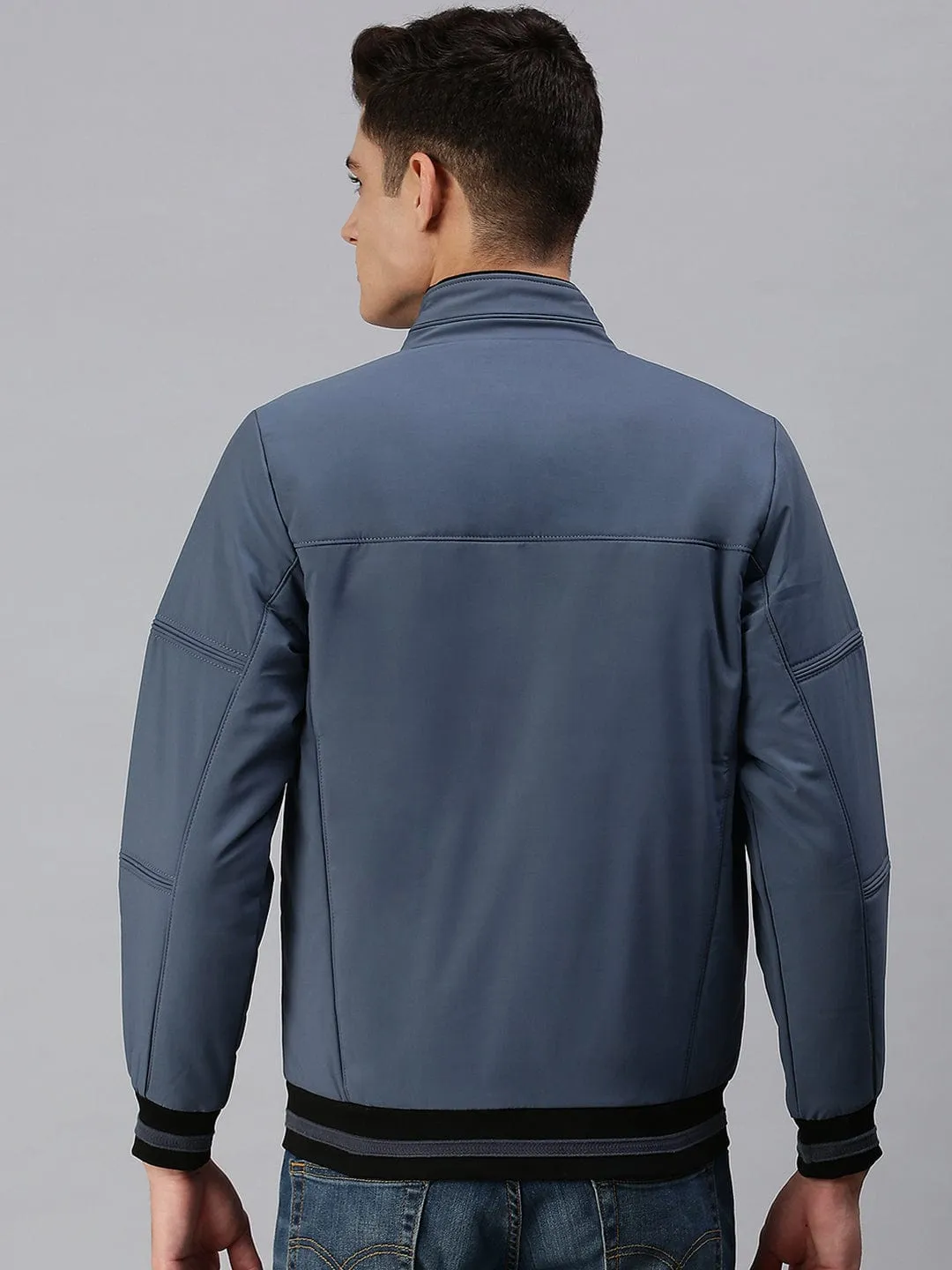 Men Blue Typography Sporty Bomber Jacket