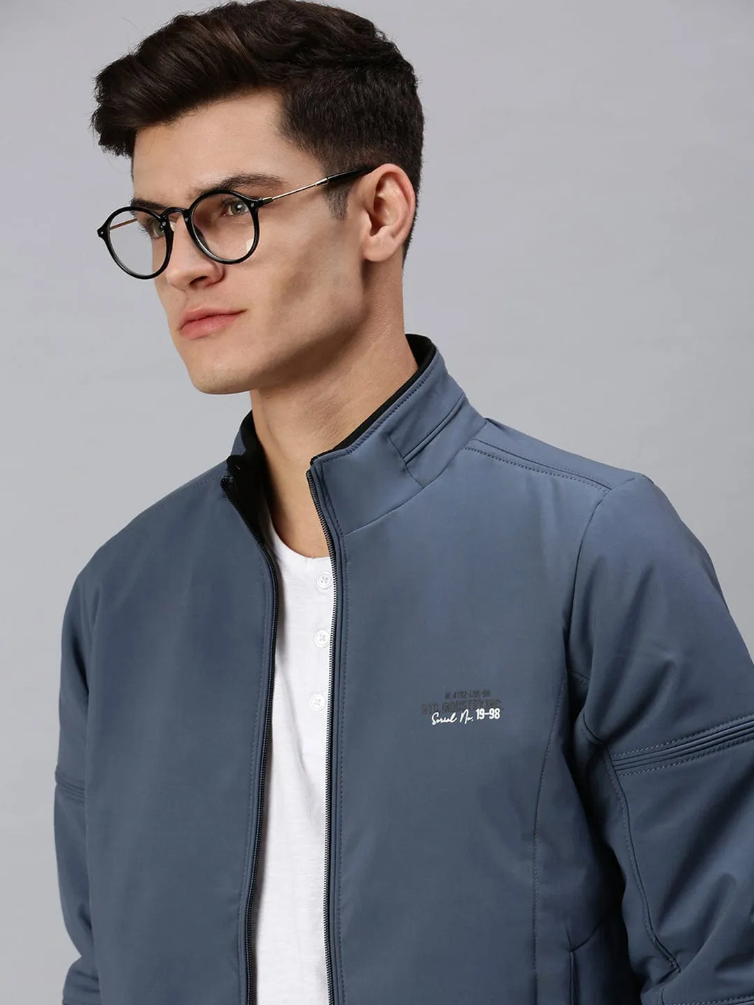 Men Blue Typography Sporty Bomber Jacket