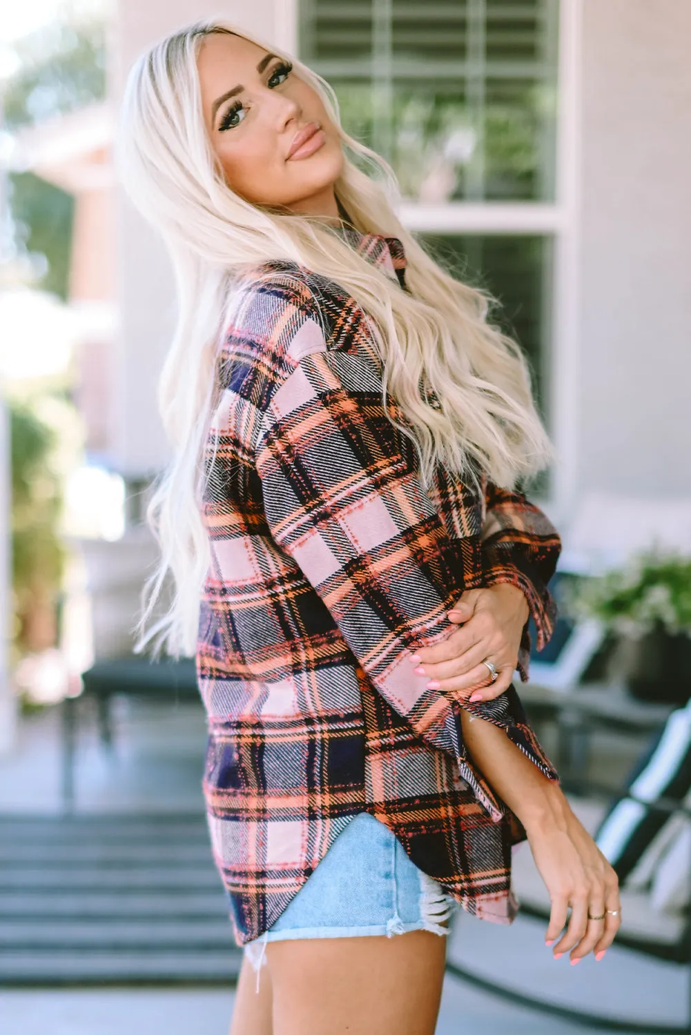 Oversized Flap Slits Plaid Shacket