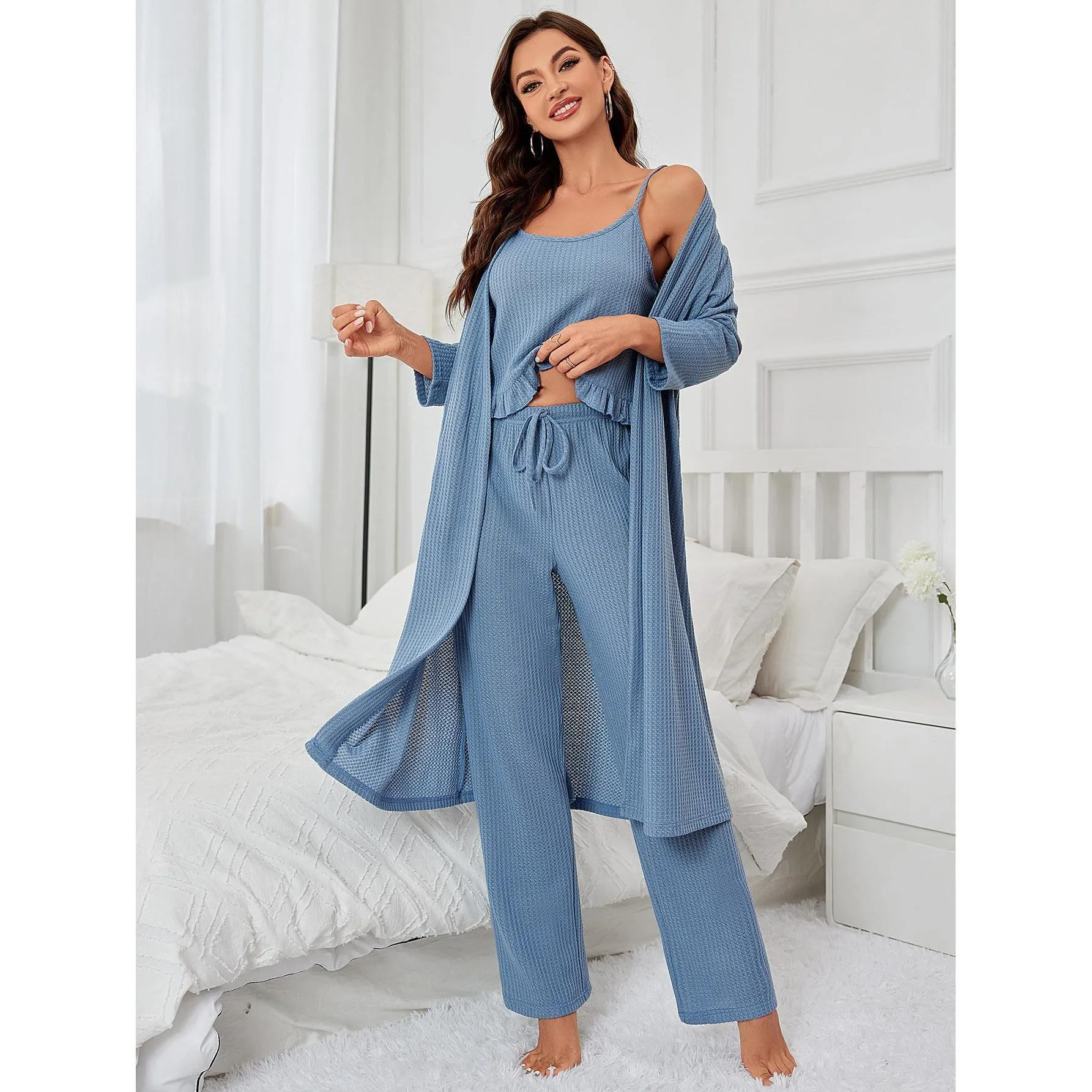 Pajamas Women Waffle Solid Color Suspender Trousers Long Sleeve Outerwear Gown Three Piece Home Wear