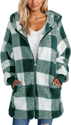 PETYCZEN Fleece Jacket Women Zip Up Fuzzy Sherpa Plaid Jacket with Hood Plus Size Teddy Coats Warm Fluffy Cardigan Jakcet