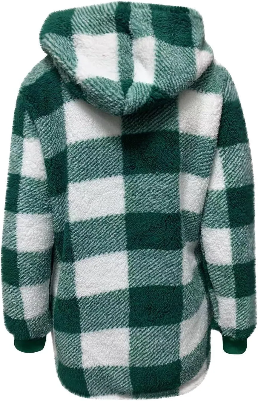 PETYCZEN Fleece Jacket Women Zip Up Fuzzy Sherpa Plaid Jacket with Hood Plus Size Teddy Coats Warm Fluffy Cardigan Jakcet