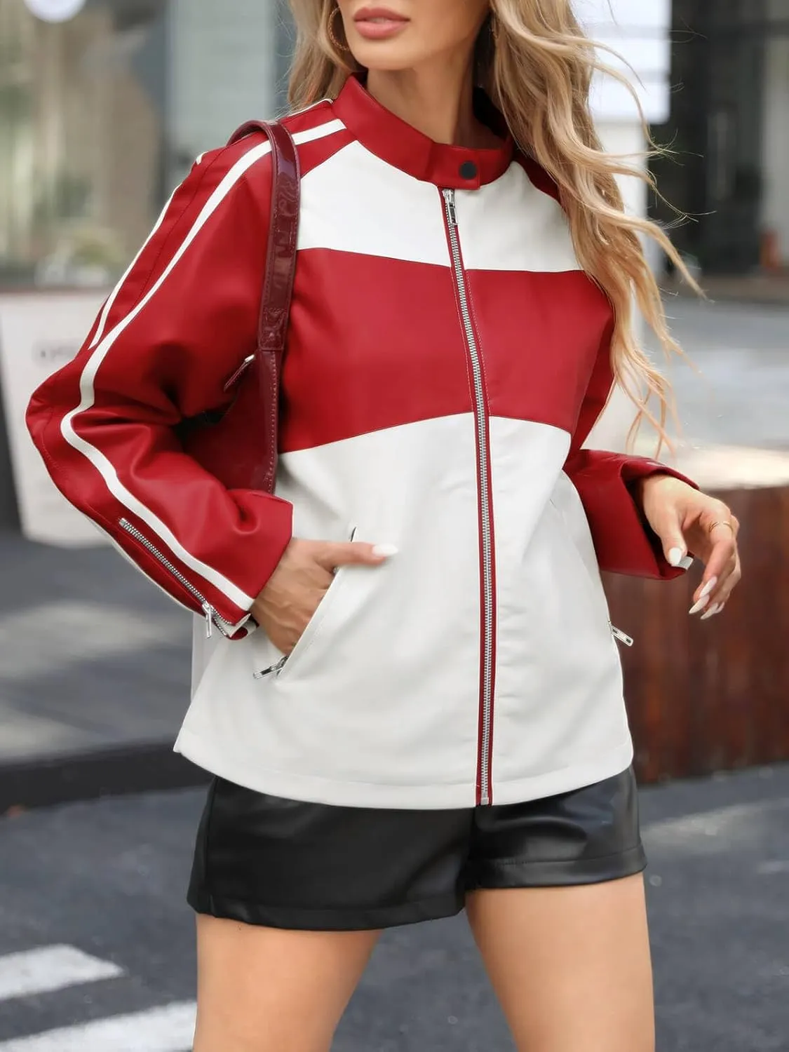 Tankaneo Womens Faux Leather Jackets Casual Oversized Zip Up Color Block Motorcycle Biker PU Coats