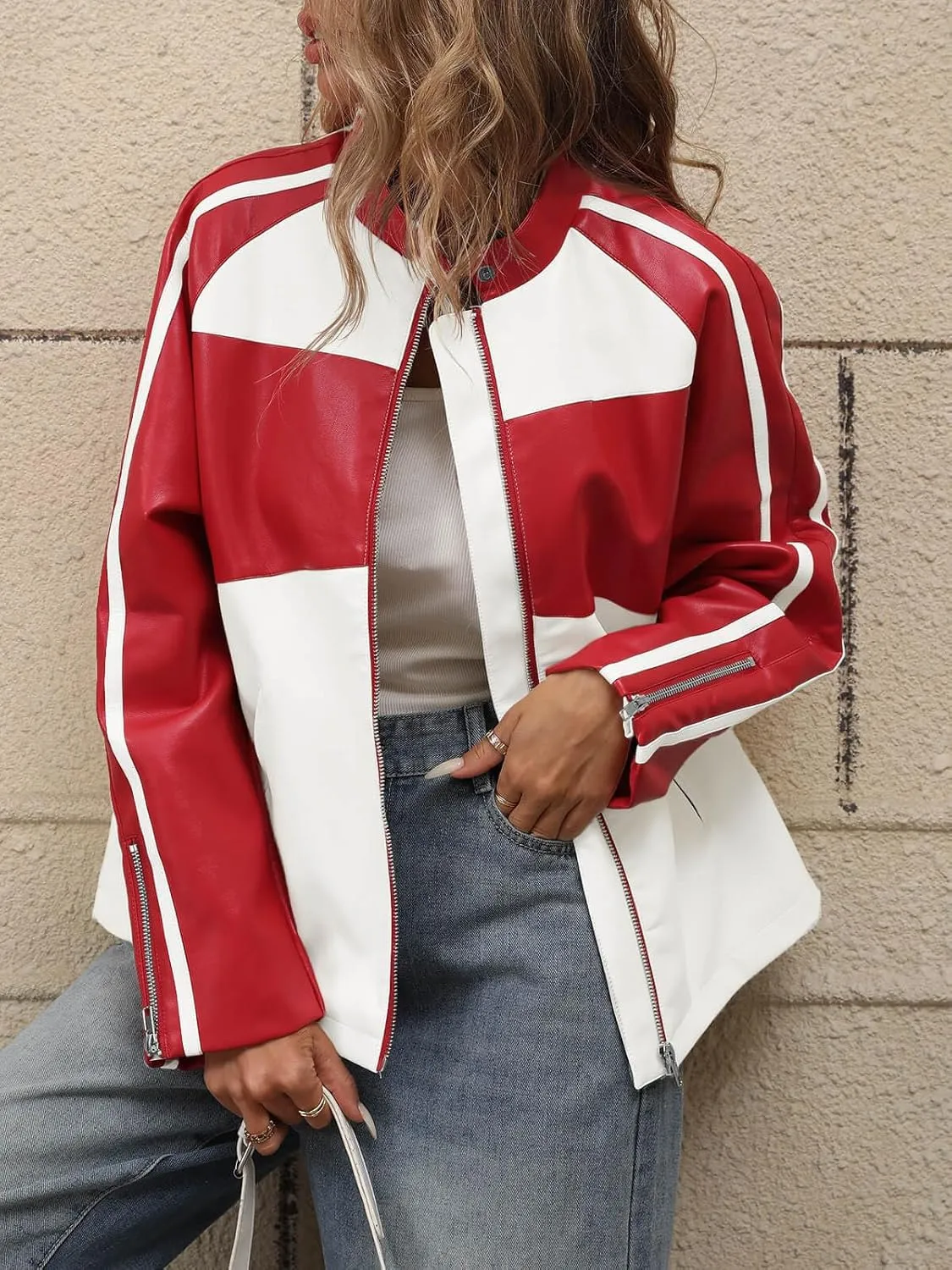 Tankaneo Womens Faux Leather Jackets Casual Oversized Zip Up Color Block Motorcycle Biker PU Coats