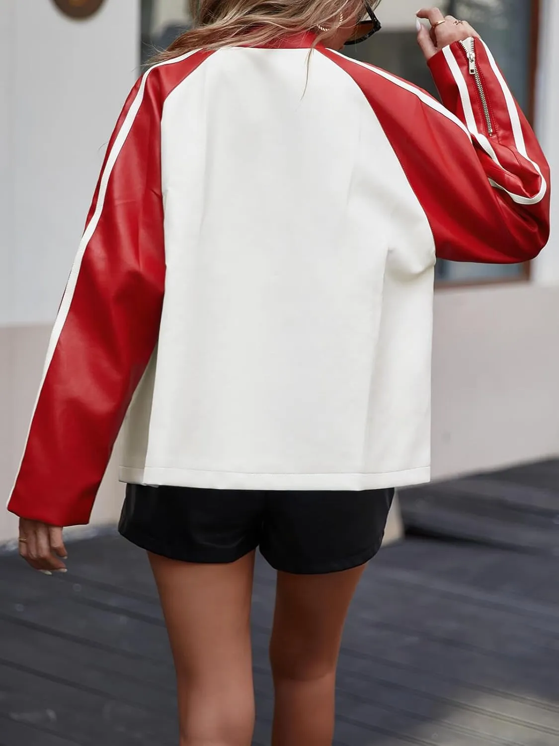 Tankaneo Womens Faux Leather Jackets Casual Oversized Zip Up Color Block Motorcycle Biker PU Coats
