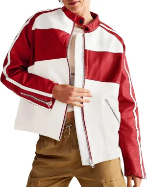Tankaneo Womens Faux Leather Jackets Casual Oversized Zip Up Color Block Motorcycle Biker PU Coats