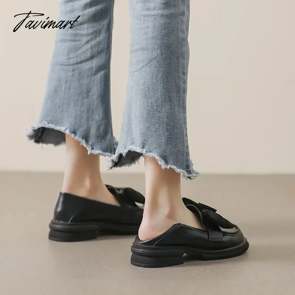 Tavimart spring women's casual leather shoes Ladies Black Loafers bow decoration Retro Style british style Outerwear low heels 41-43 size