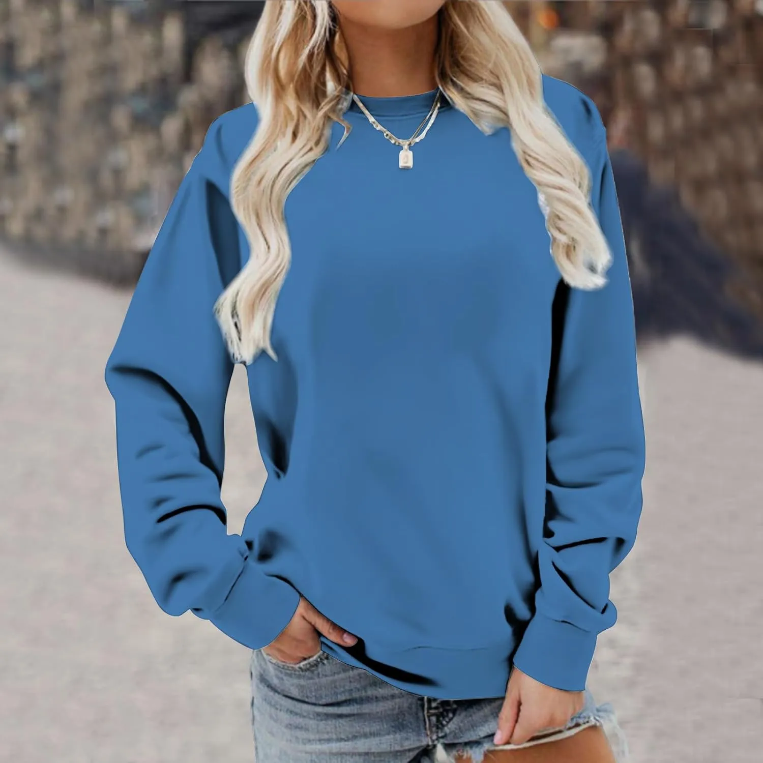 Womens Long Sleeves Sweatshirt Fitted Blouse Solid Color Round Neck Tops Pullover Casual Loose Fashion Hoodies