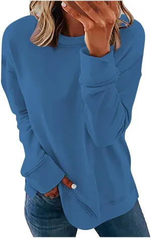 Womens Long Sleeves Sweatshirt Fitted Blouse Solid Color Round Neck Tops Pullover Casual Loose Fashion Hoodies