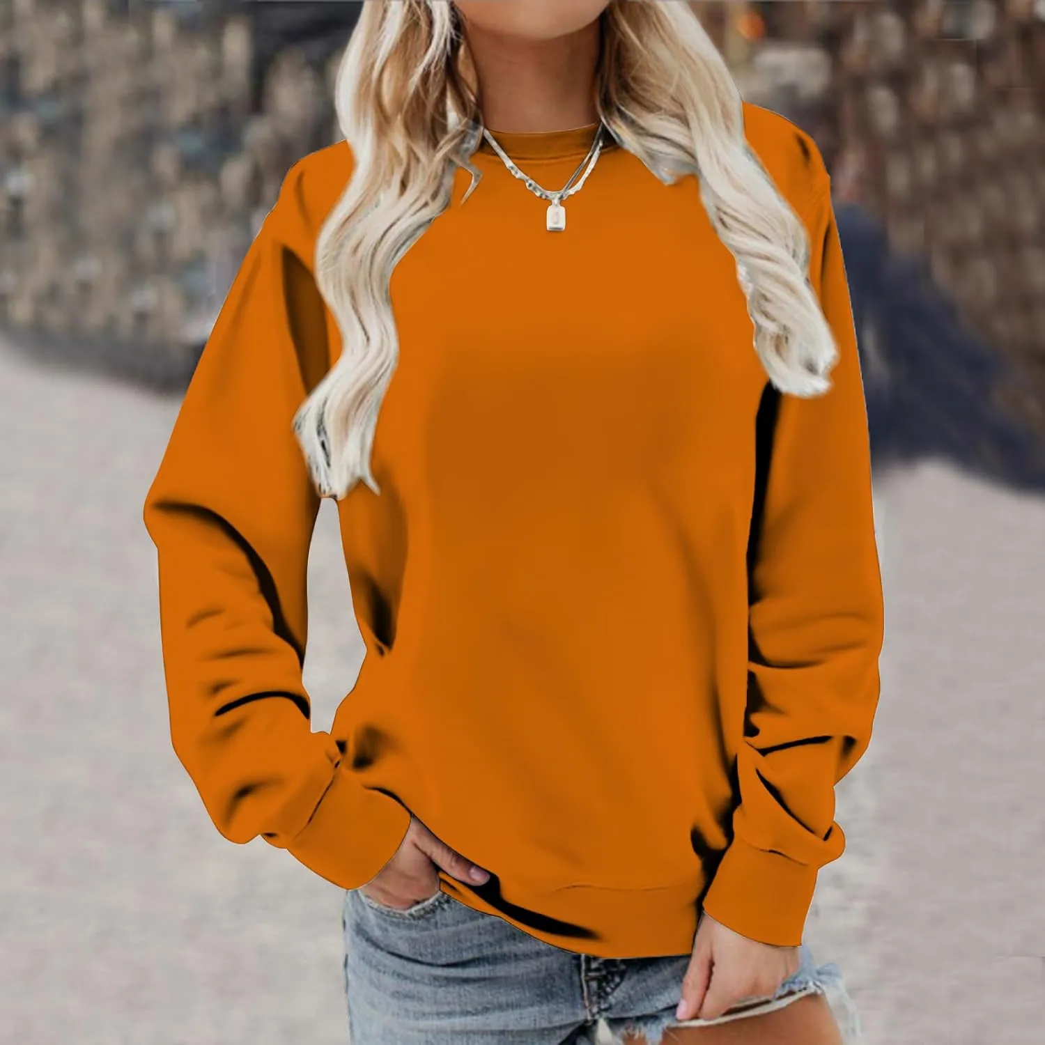 Womens Long Sleeves Sweatshirt Fitted Blouse Solid Color Round Neck Tops Pullover Casual Loose Fashion Hoodies
