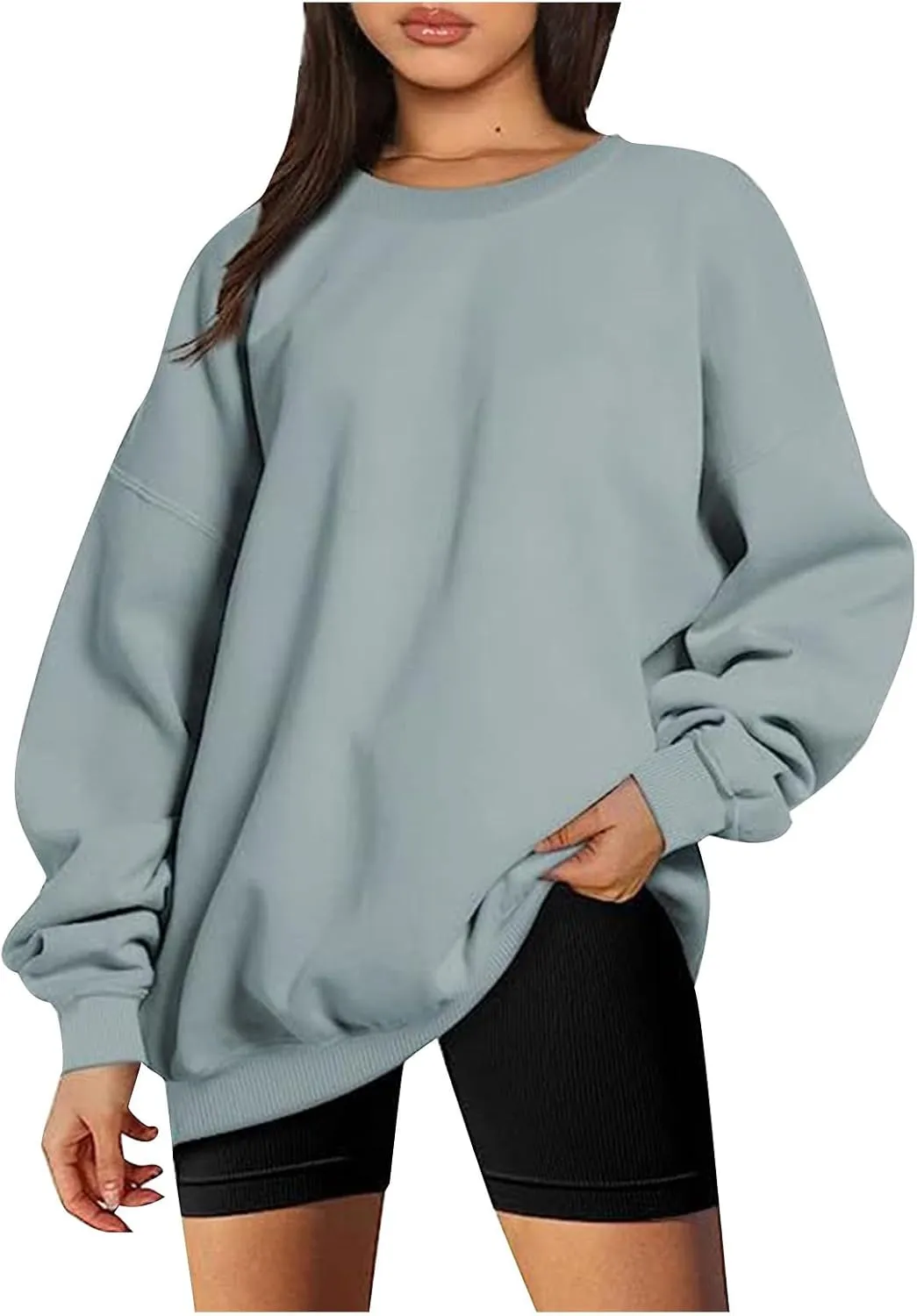 Womens Loose Fashion Blouse Long Sleeves Round Neck Solid Color Sweatshirt Fitted Tops Pullover Casual Hoodies