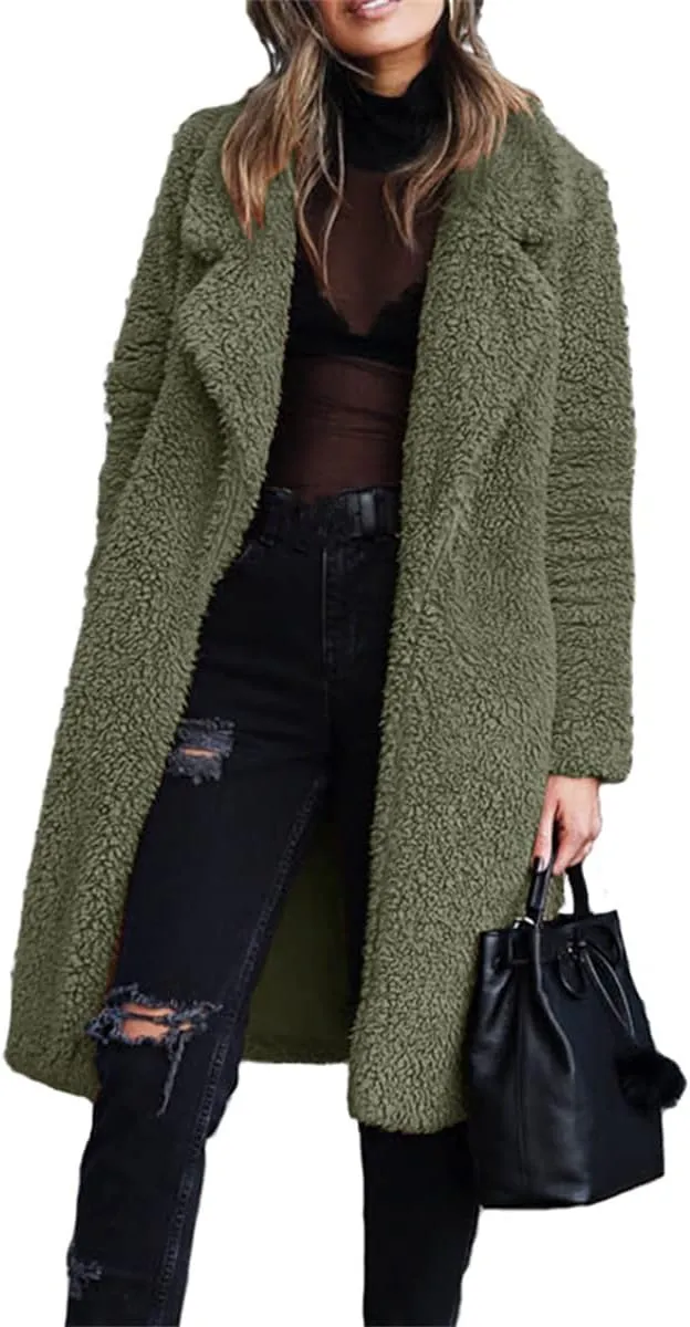 Women's Winter Fuzzy Fleece Long Coats Lapel Teddy Coat Button Down Sherpa Cardigan Warm Faux Fur Jackets with Pockets