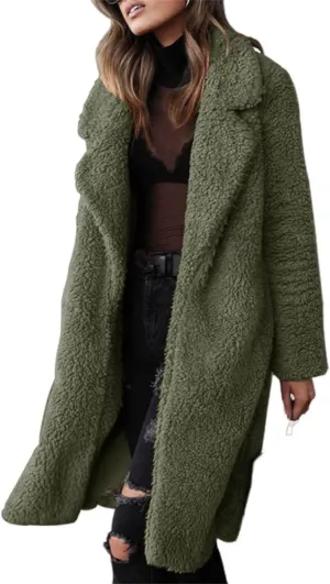 Women's Winter Fuzzy Fleece Long Coats Lapel Teddy Coat Button Down Sherpa Cardigan Warm Faux Fur Jackets with Pockets
