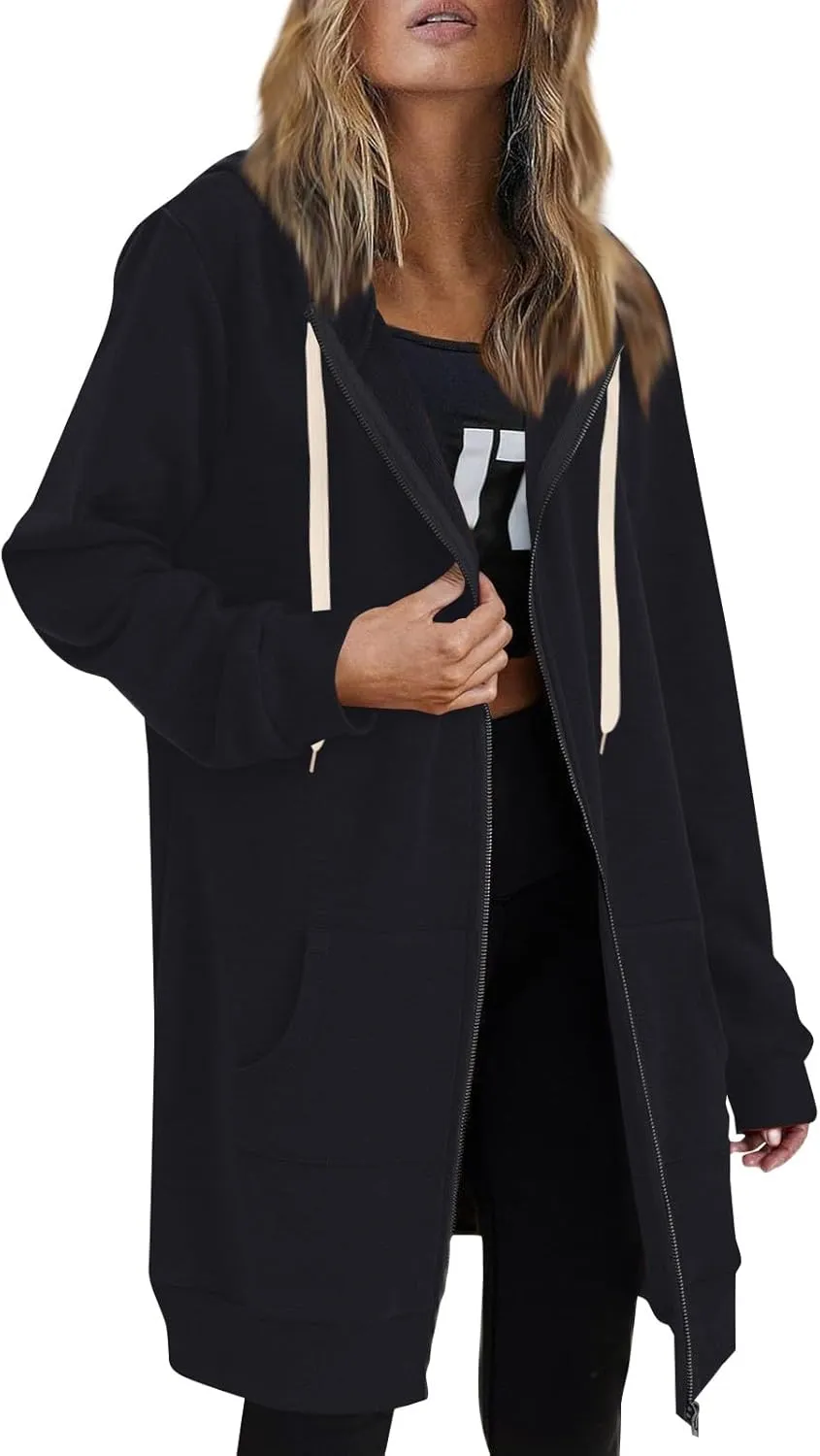 Women's Zip Up Long Hoodies Jacket Long Sleeve Drawstring Hooded Sweatshirt Coat 2024 Fall Winter Pocket Outerwear